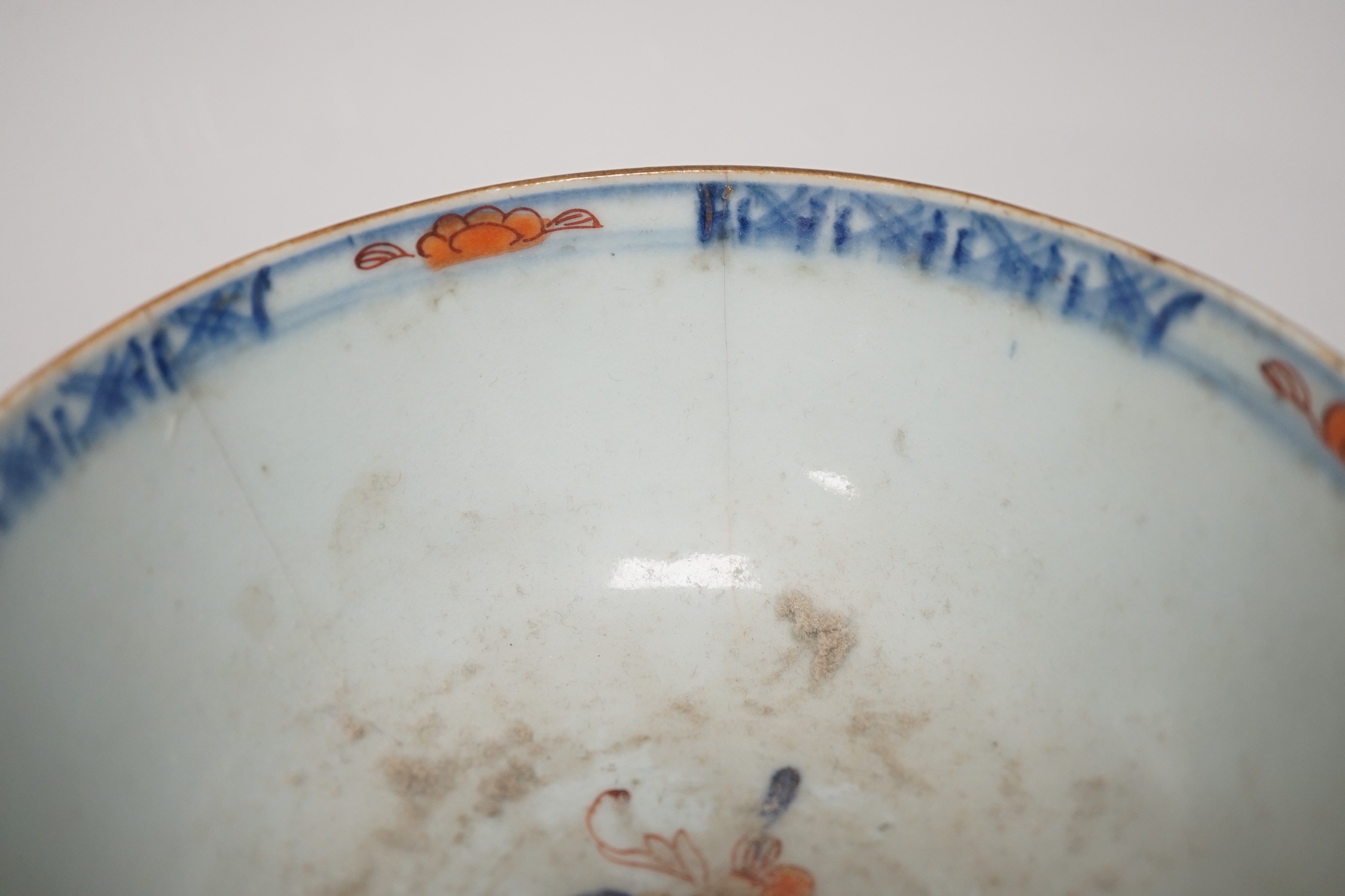 Six 18th century Chinese porcelain bowls (a.f.) and a Chinese imari plate, largest bowl 20cm diameter